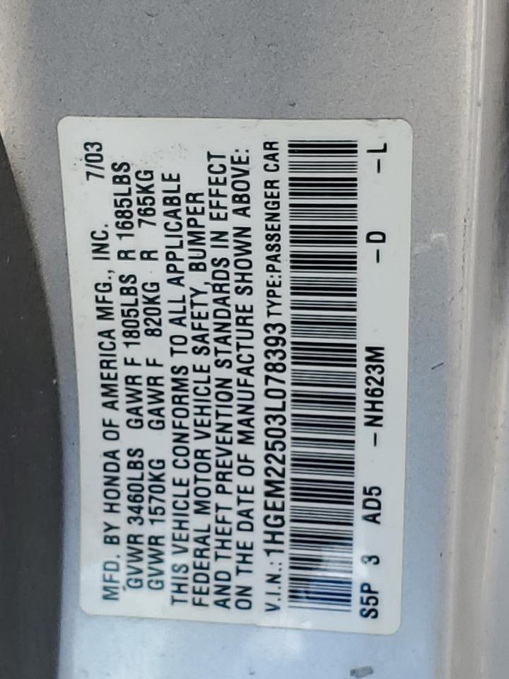 2003 Honda Civic Lx VIN: 1HGEM22503L078393 Lot: 67052064