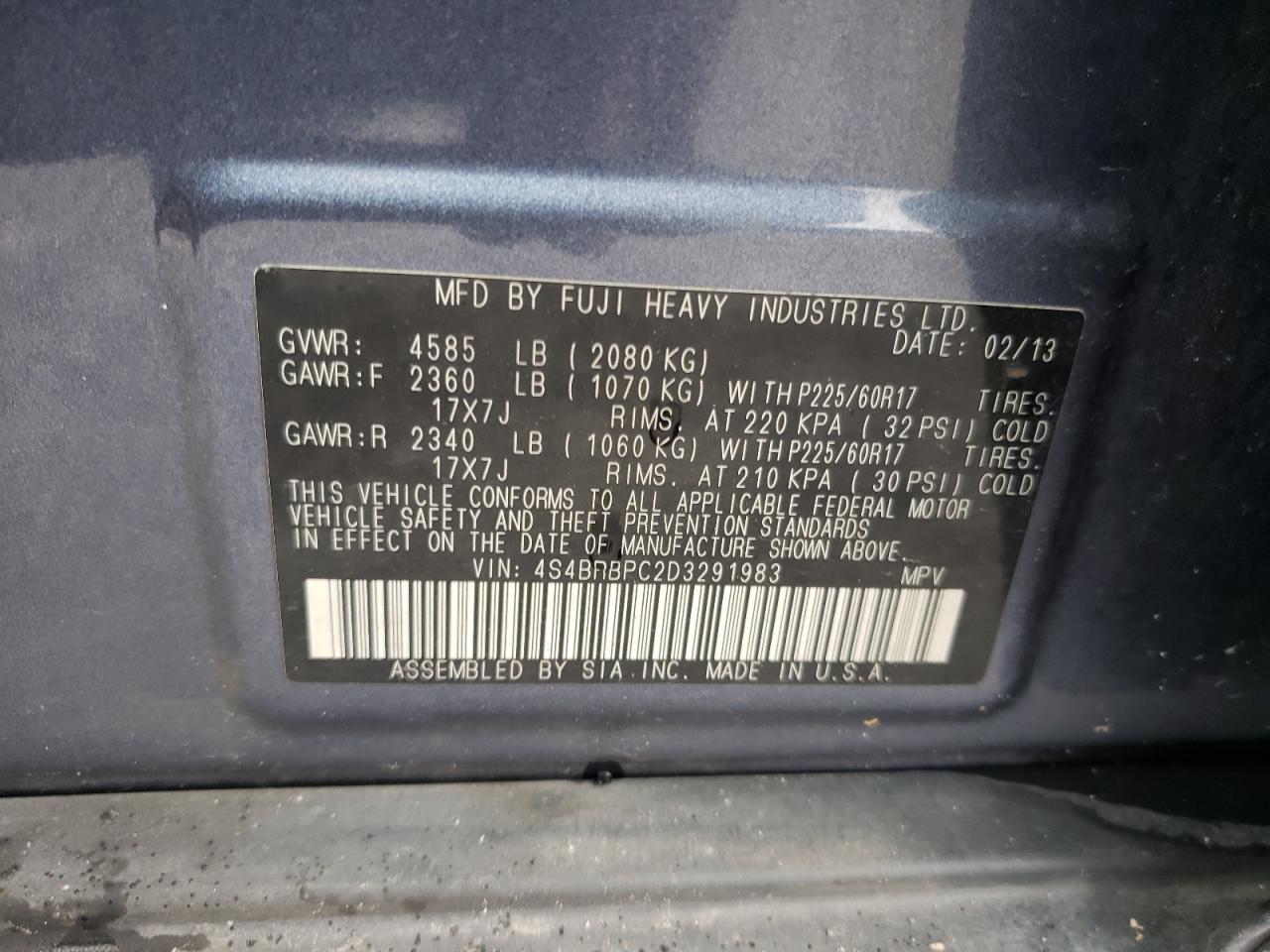 2013 Subaru Outback 2.5I Limited VIN: 4S4BRBPC2D3291983 Lot: 66013294