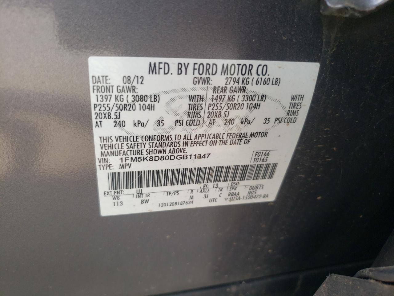 2013 Ford Explorer Xlt VIN: 1FM5K8D80DGB11347 Lot: 65629284