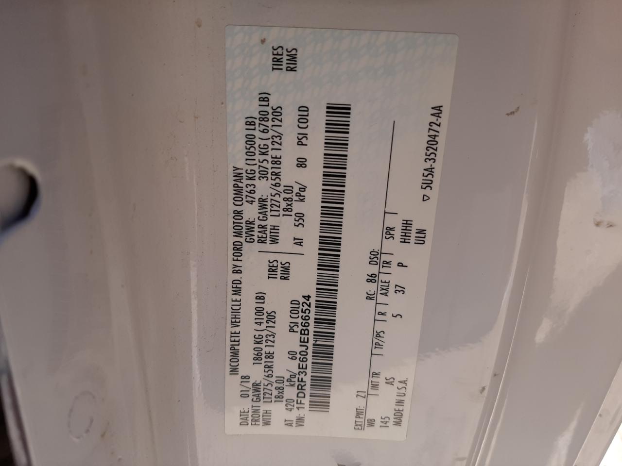 2018 Ford F350 Super Duty VIN: 1FDRF3E60JEB66524 Lot: 67579214