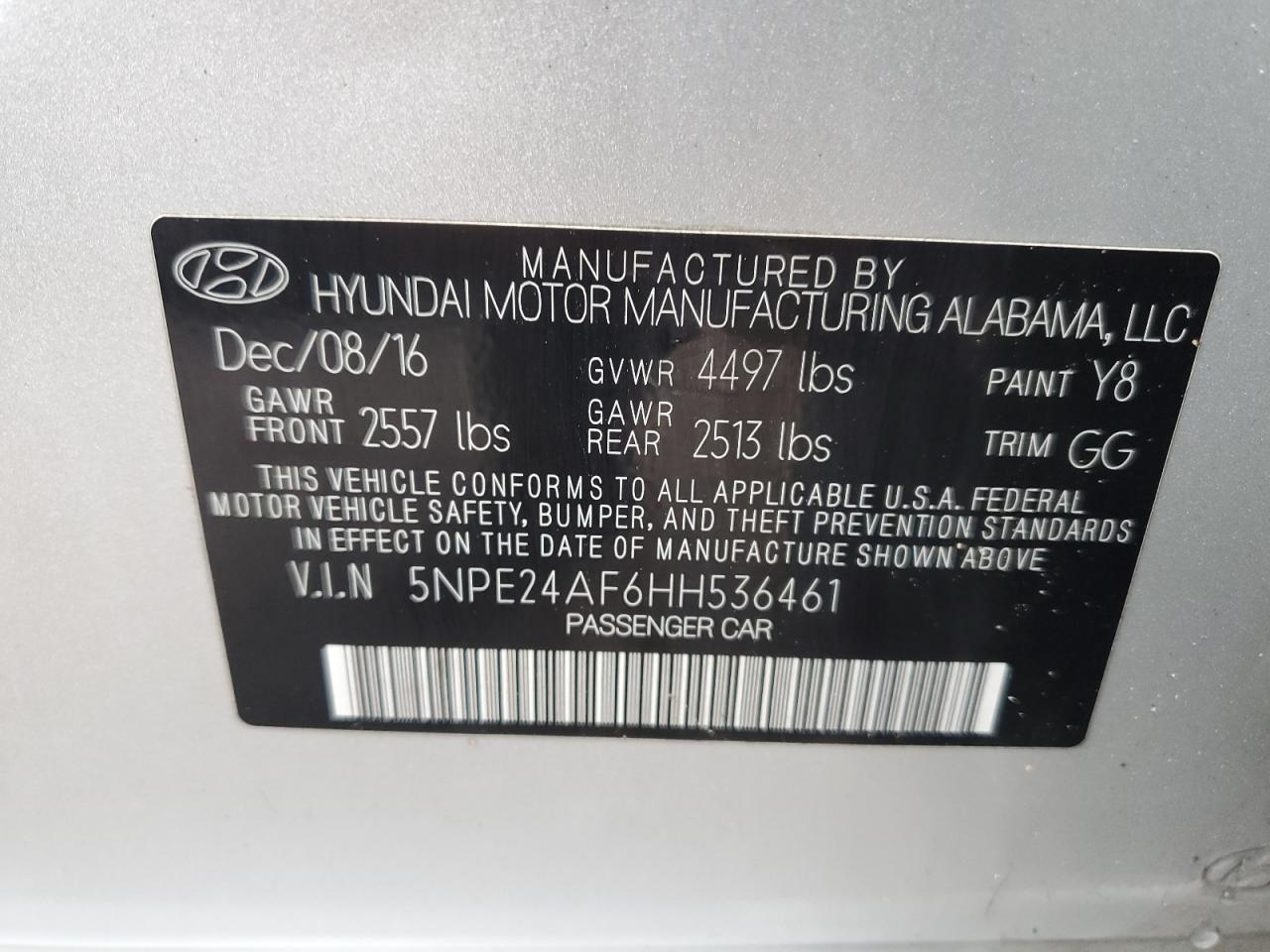 5NPE24AF6HH536461 2017 Hyundai Sonata Se