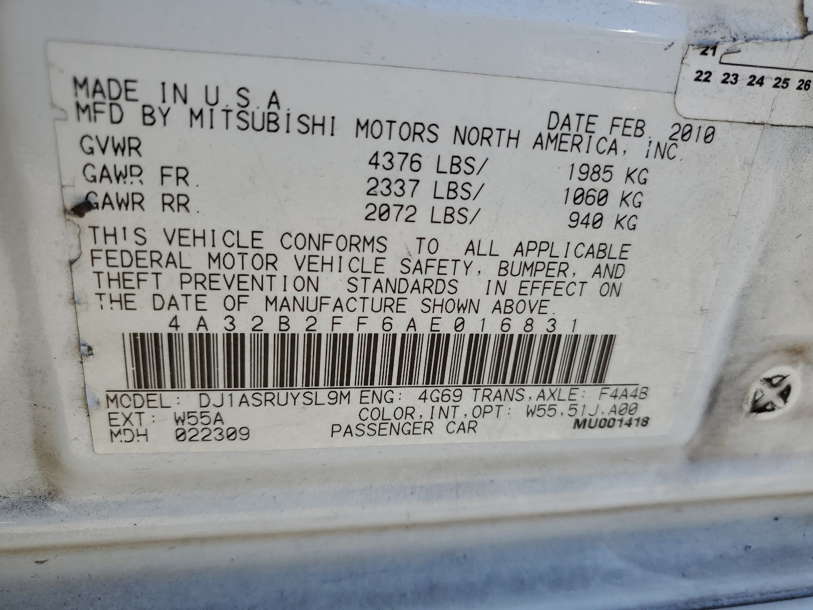 4A32B2FF6AE016831 2010 Mitsubishi Galant Fe