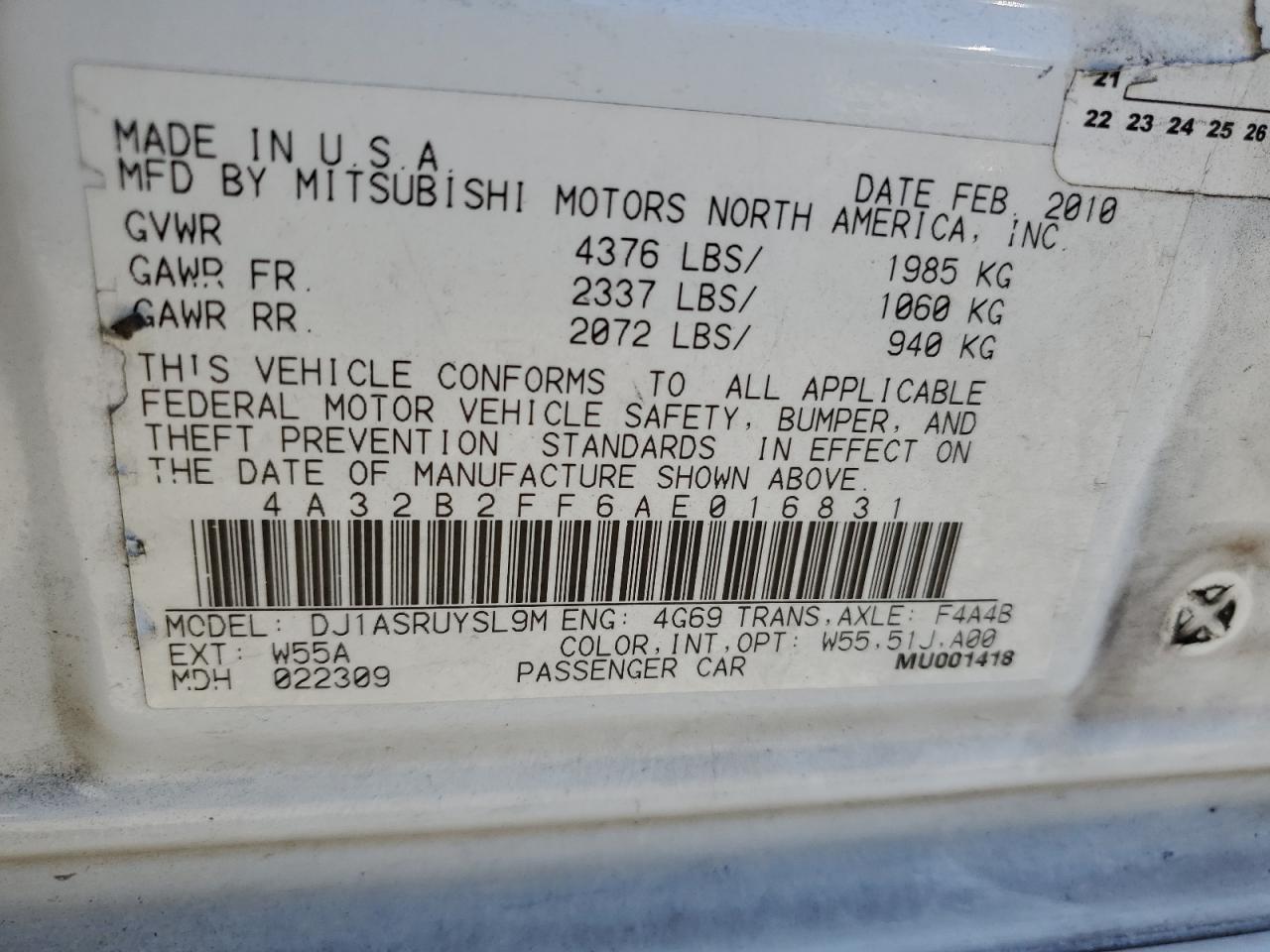 2010 Mitsubishi Galant Fe VIN: 4A32B2FF6AE016831 Lot: 66379054