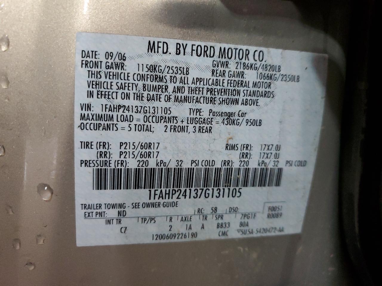 1FAHP24137G131105 2007 Ford Five Hundred Sel