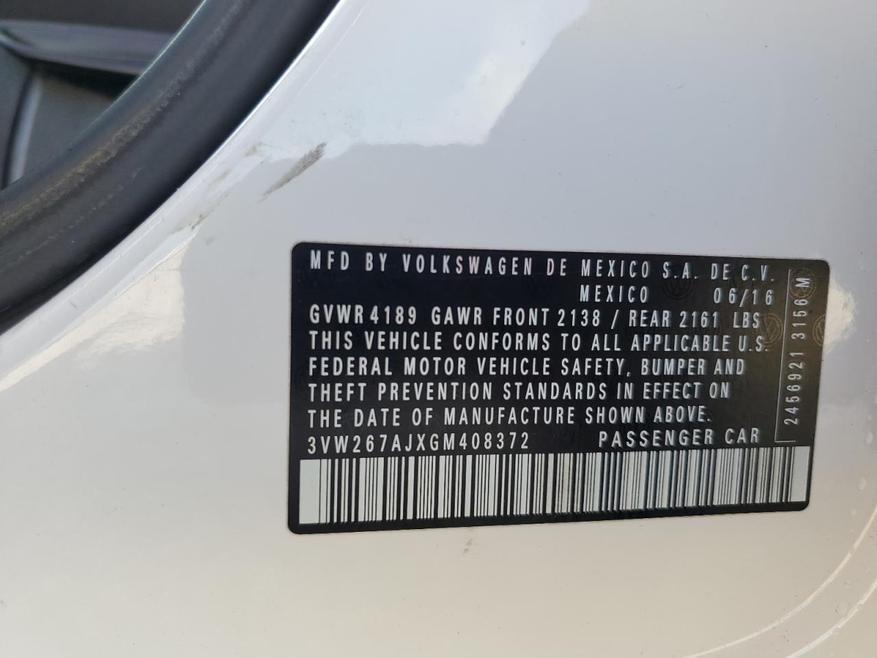2016 Volkswagen Jetta S VIN: 3VW267AJXGM408372 Lot: 68357614
