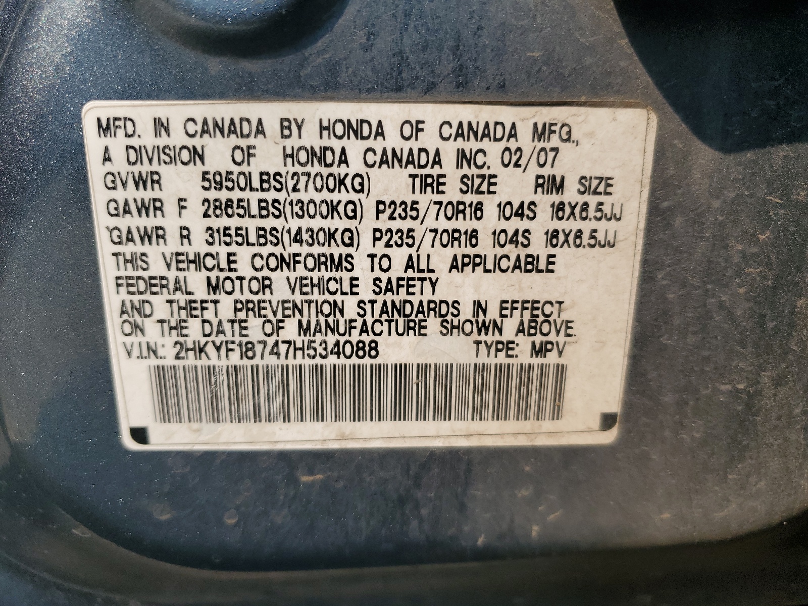 2HKYF18747H534088 2007 Honda Pilot Exl