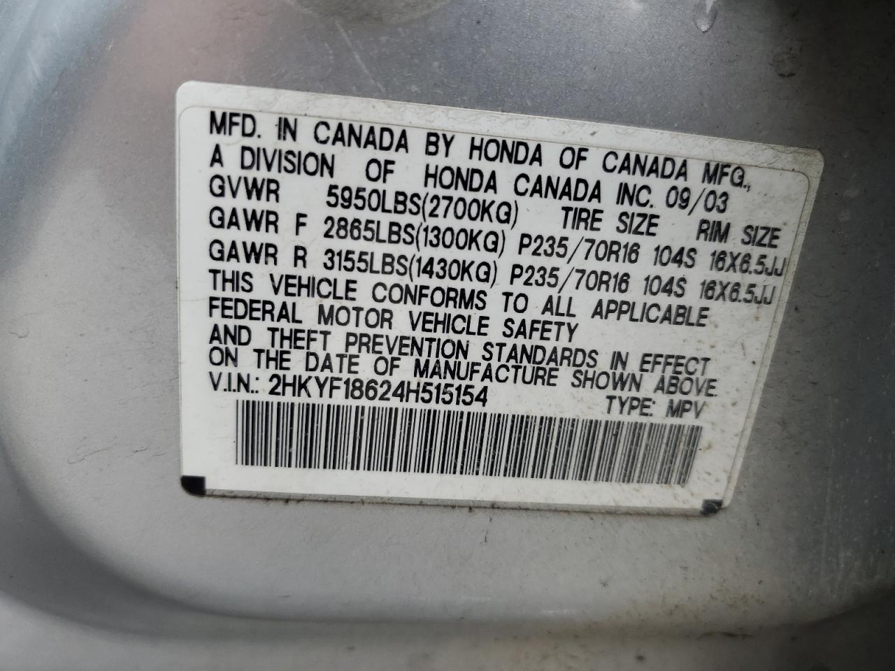 2004 Honda Pilot Exl VIN: 2HKYF18624H515154 Lot: 68289034