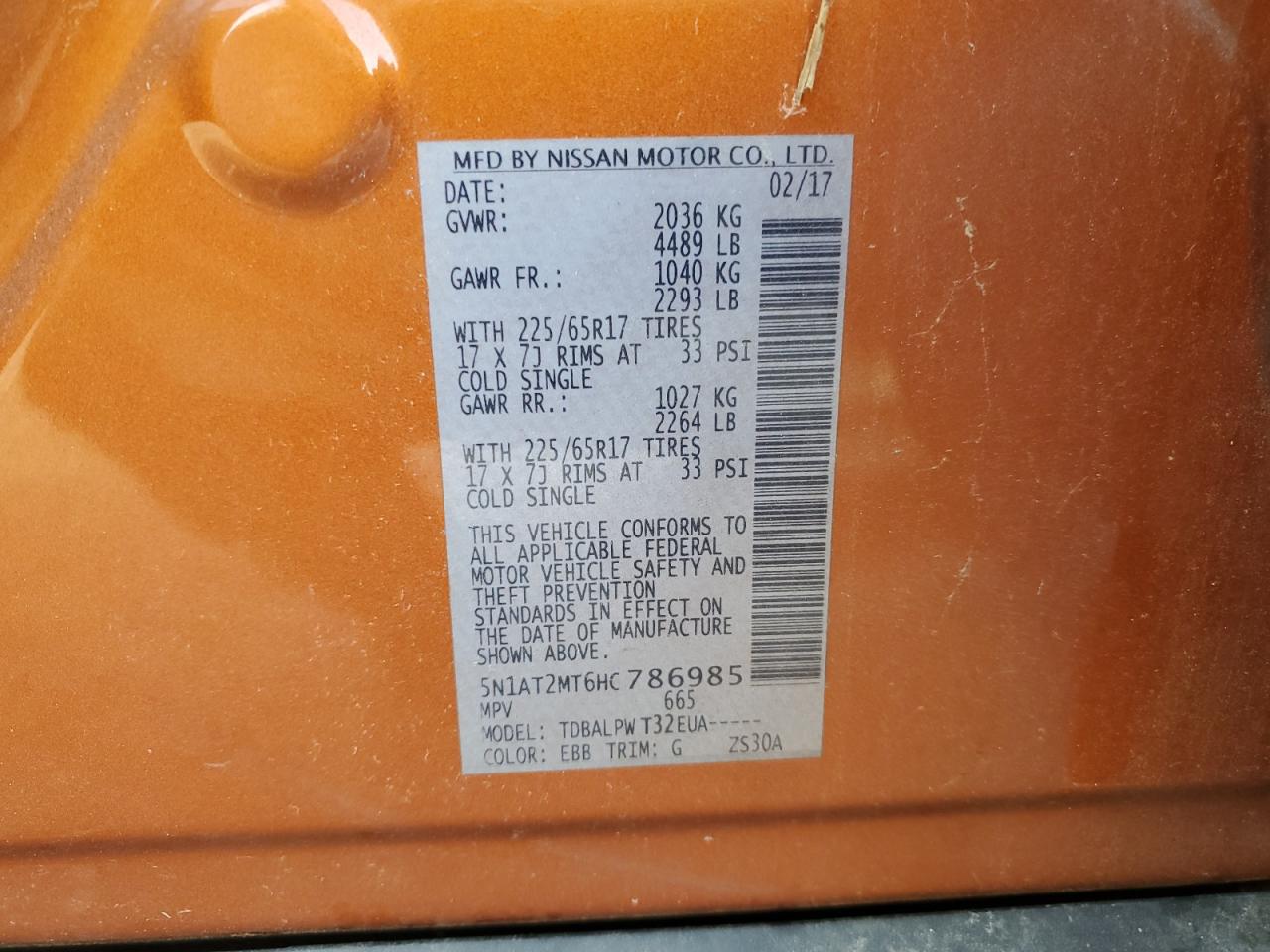 2017 Nissan Rogue S VIN: 5N1AT2MT6HC786985 Lot: 65480114