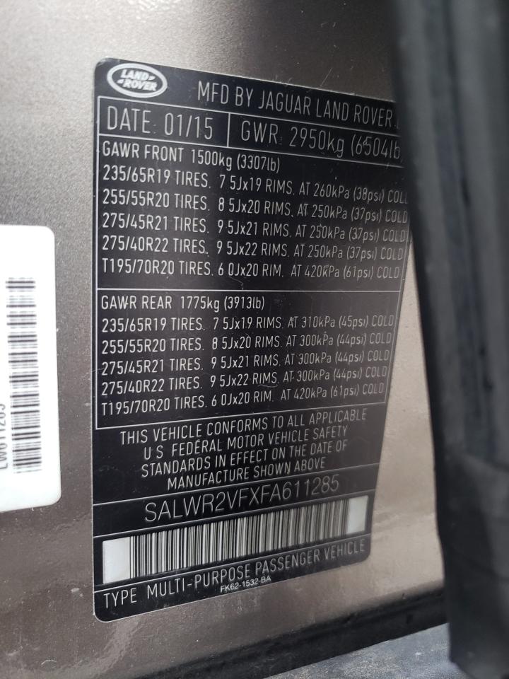 2015 Land Rover Range Rover Sport Hse VIN: SALWR2VFXFA611285 Lot: 66412304