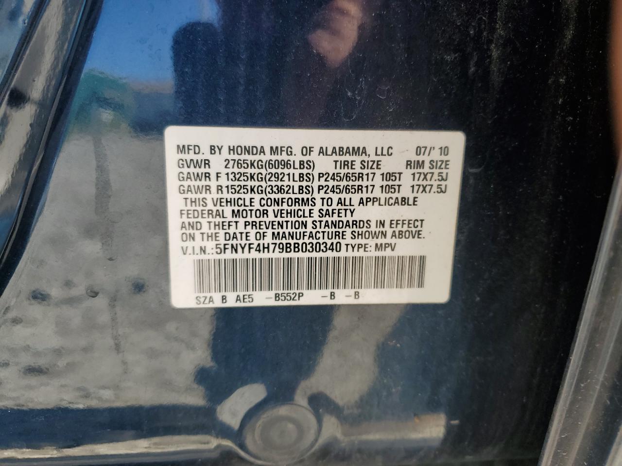 2011 Honda Pilot Exln VIN: 5FNYF4H79BB030340 Lot: 68381654