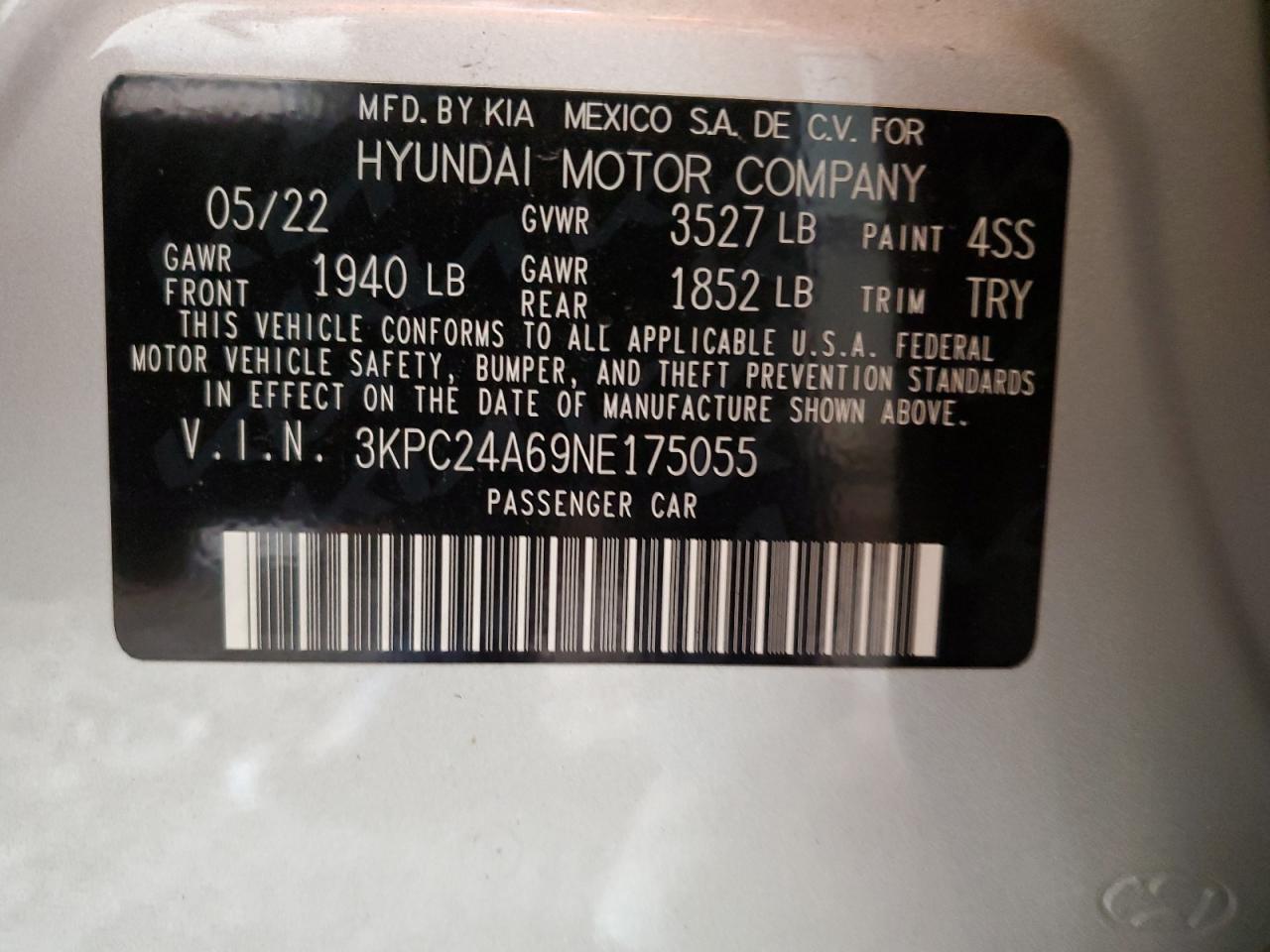 3KPC24A69NE175055 2022 Hyundai Accent Se