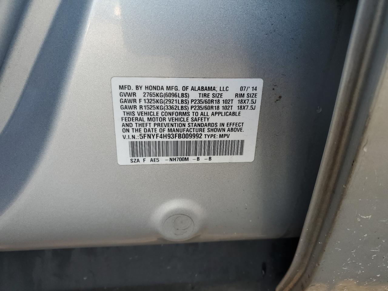 5FNYF4H93FB009992 2015 Honda Pilot Touring