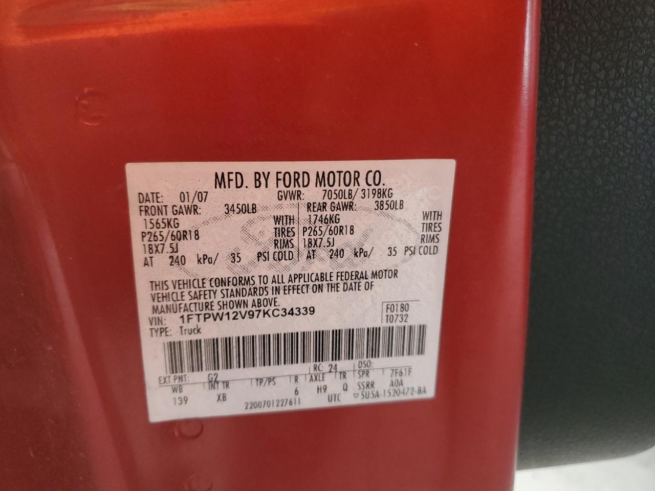 2007 Ford F150 Supercrew VIN: 1FTPW12V97KC34339 Lot: 66774024
