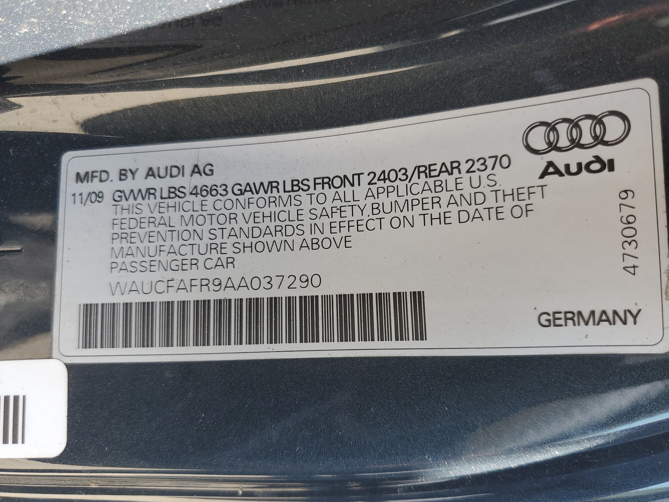 WAUCFAFR9AA037290 2010 Audi A5 Premium