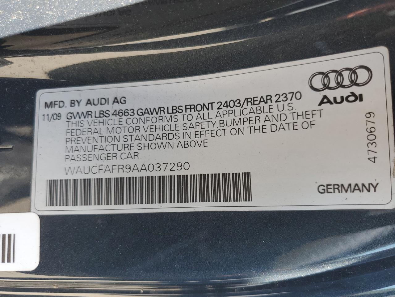 2010 Audi A5 Premium VIN: WAUCFAFR9AA037290 Lot: 68364504