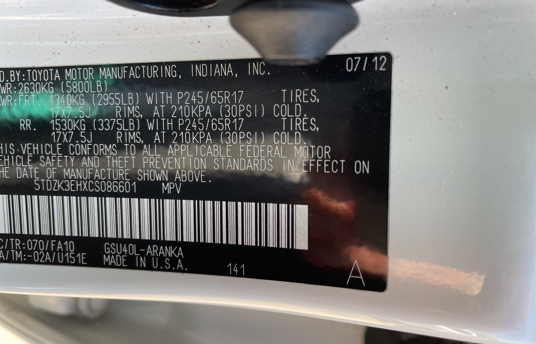 5TDZK3EHXCS086601 2012 Toyota Highlander Base