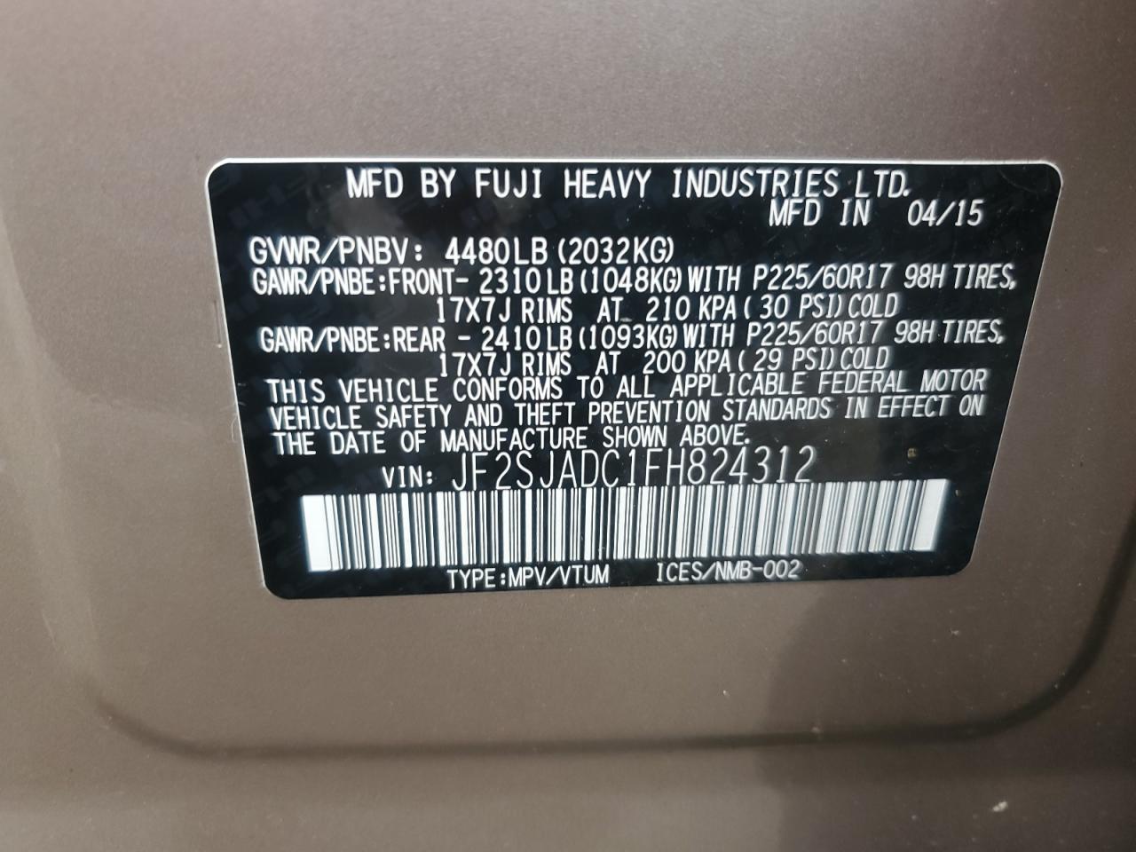 JF2SJADC1FH824312 2015 Subaru Forester 2.5I Premium