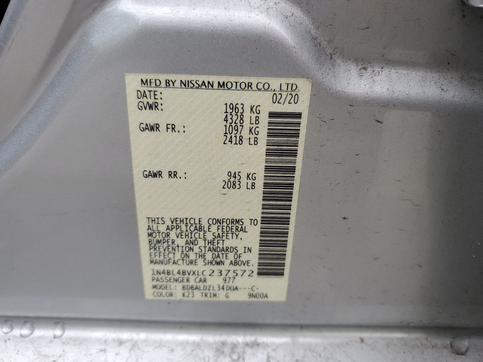 1N4BL4BVXLC237572 2020 Nissan Altima S