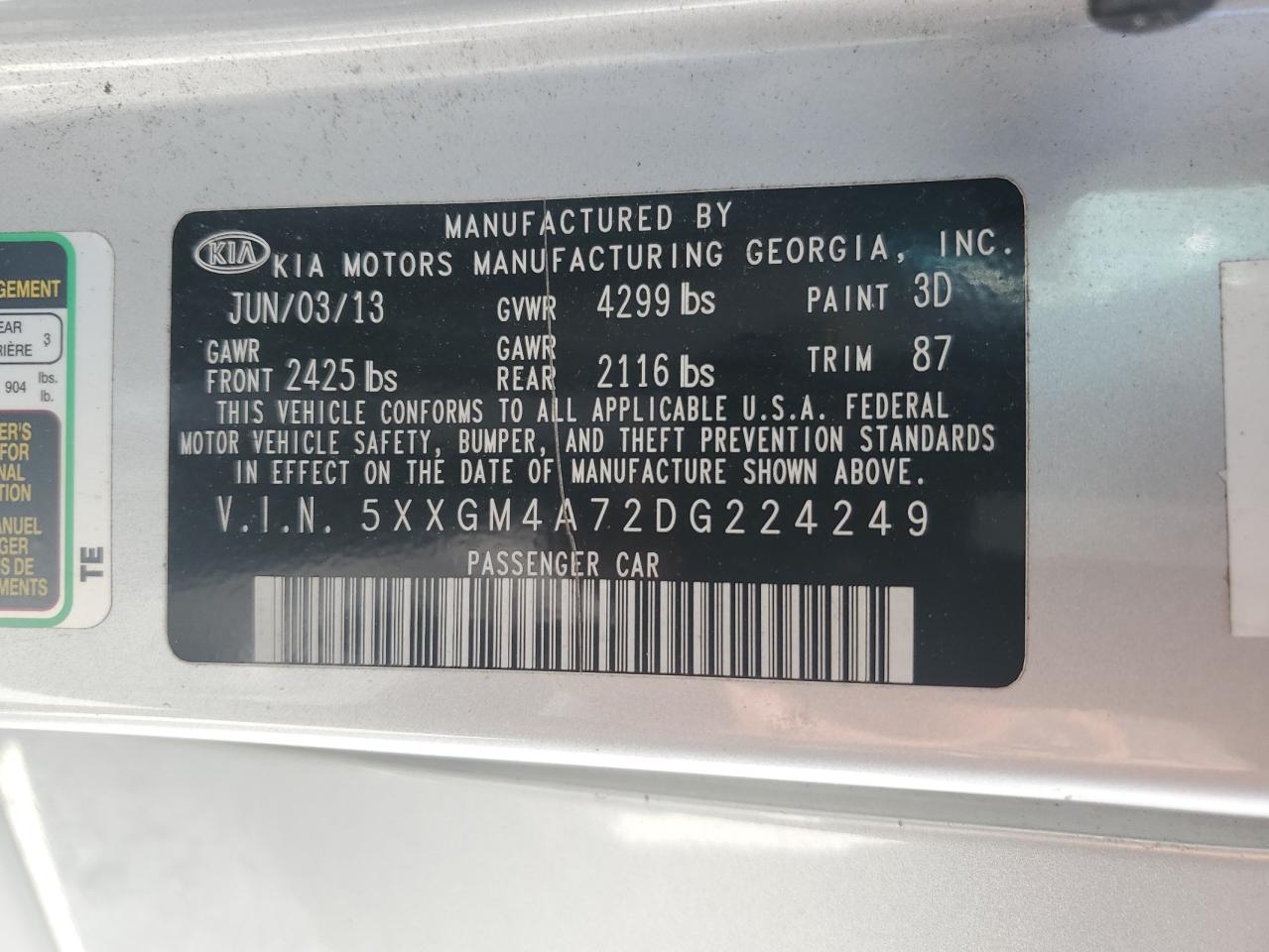 5XXGM4A72DG224249 2013 Kia Optima Lx