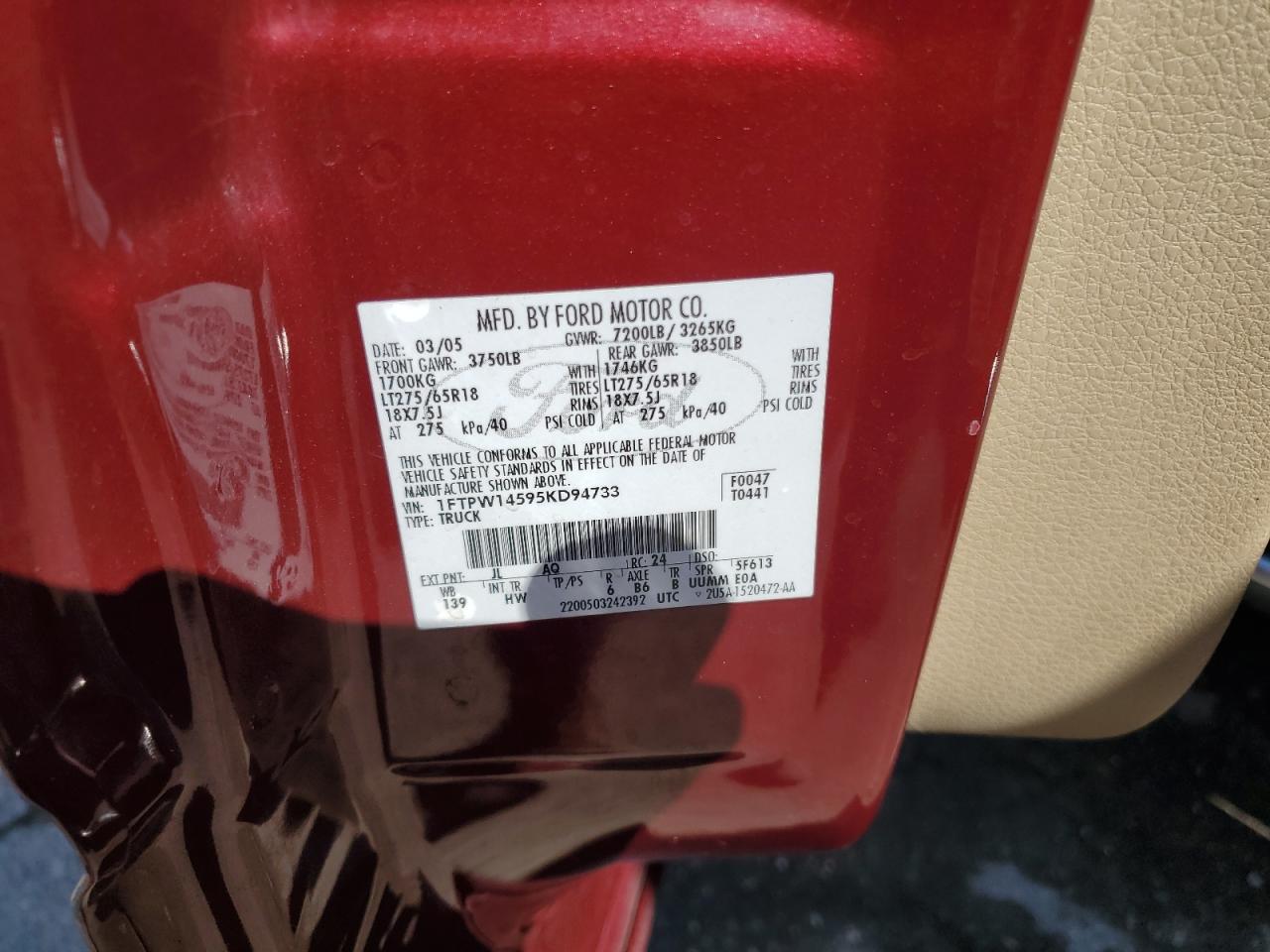 2005 Ford F150 Supercrew VIN: 1FTPW14595KD94733 Lot: 67777444