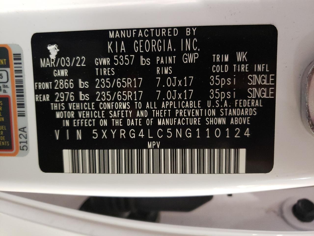 2022 Kia Sorento Lx VIN: 5XYRG4LC5NG110124 Lot: 68900354