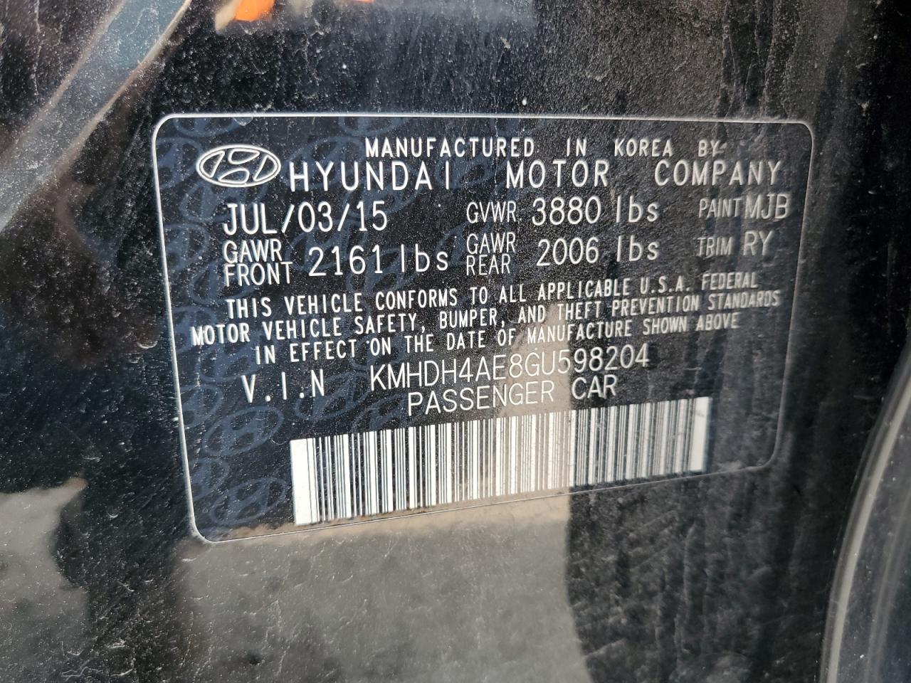 2016 Hyundai Elantra Se VIN: KMHDH4AE8GU598204 Lot: 67292544