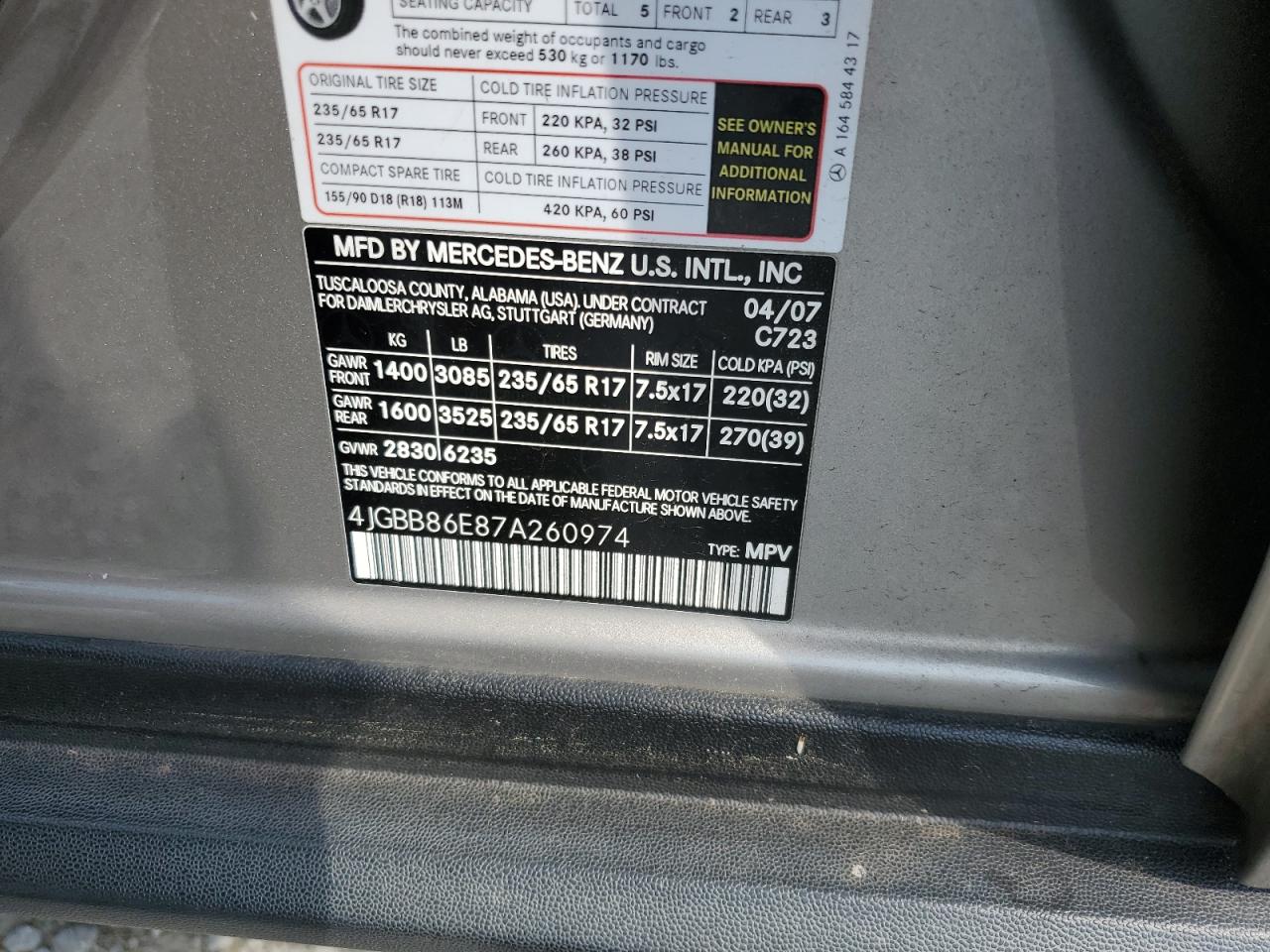 2007 Mercedes-Benz Ml 350 VIN: 4JGBB86E87A260974 Lot: 66475444