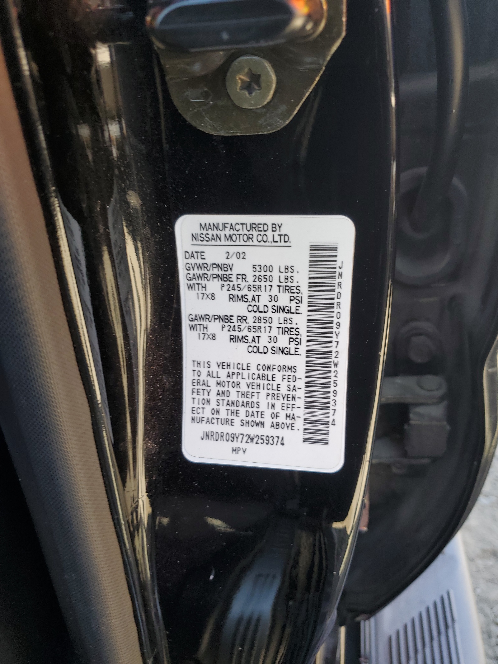 JNRDR09Y72W259374 2002 Infiniti Qx4