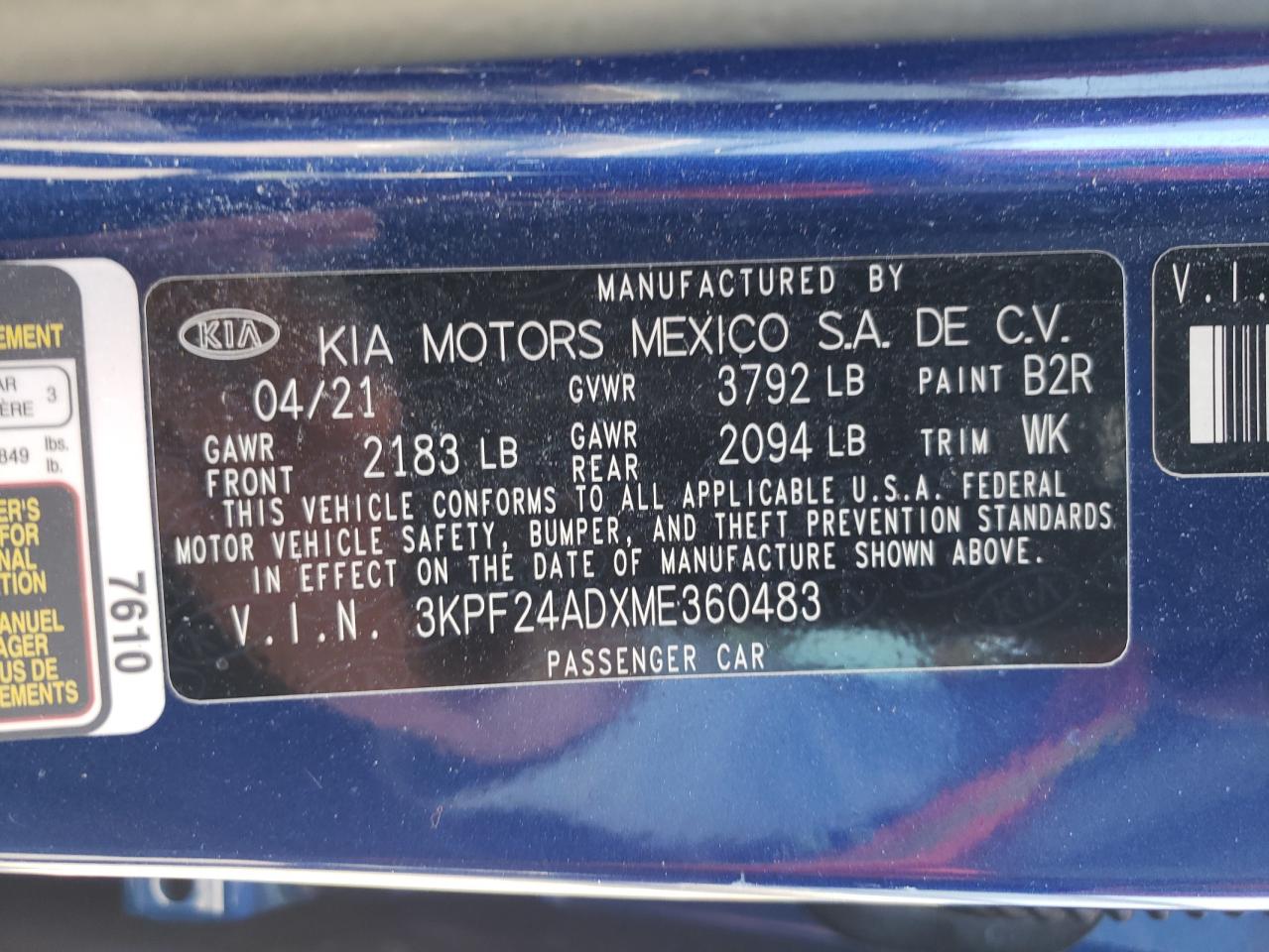 2021 Kia Forte Fe VIN: 3KPF24ADXME360483 Lot: 69243044