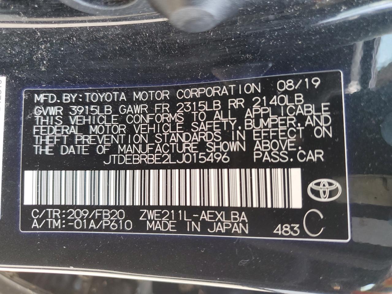 2020 Toyota Corolla Le VIN: JTDEBRBE2LJ015496 Lot: 69134744