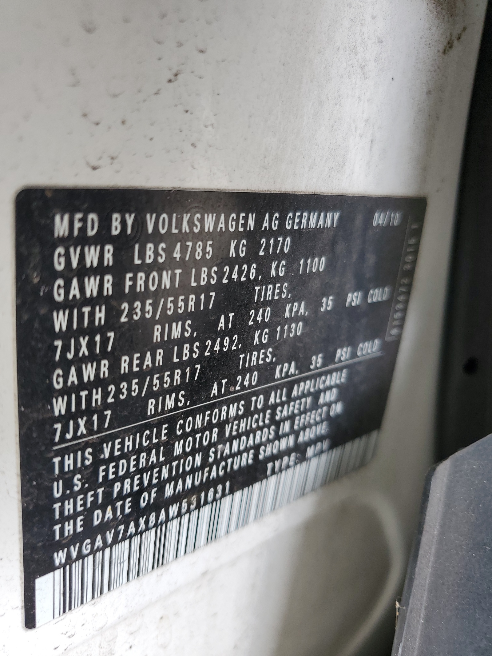 WVGAV7AX8AW531631 2010 Volkswagen Tiguan S