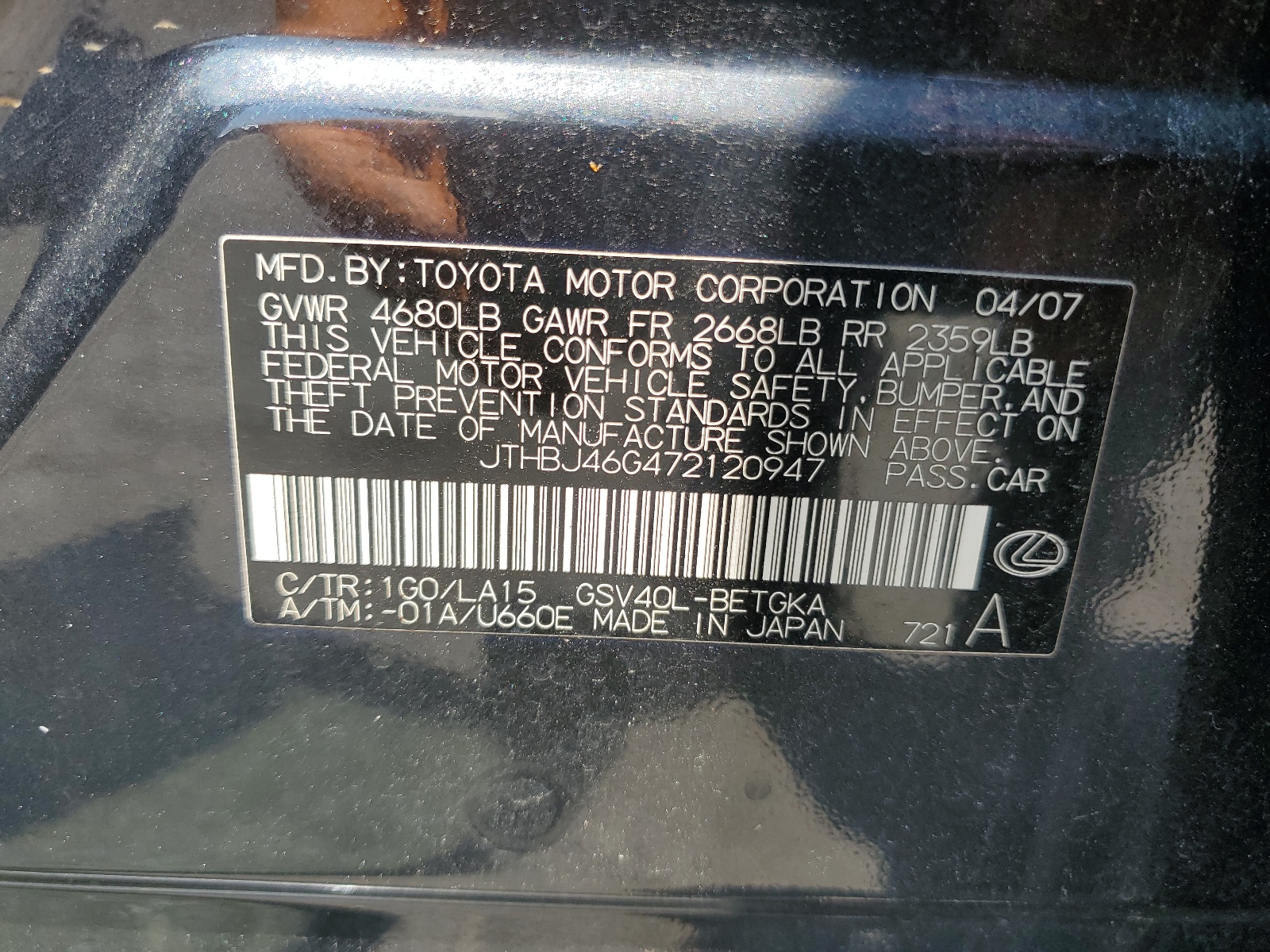 JTHBJ46G472120947 2007 Lexus Es 350