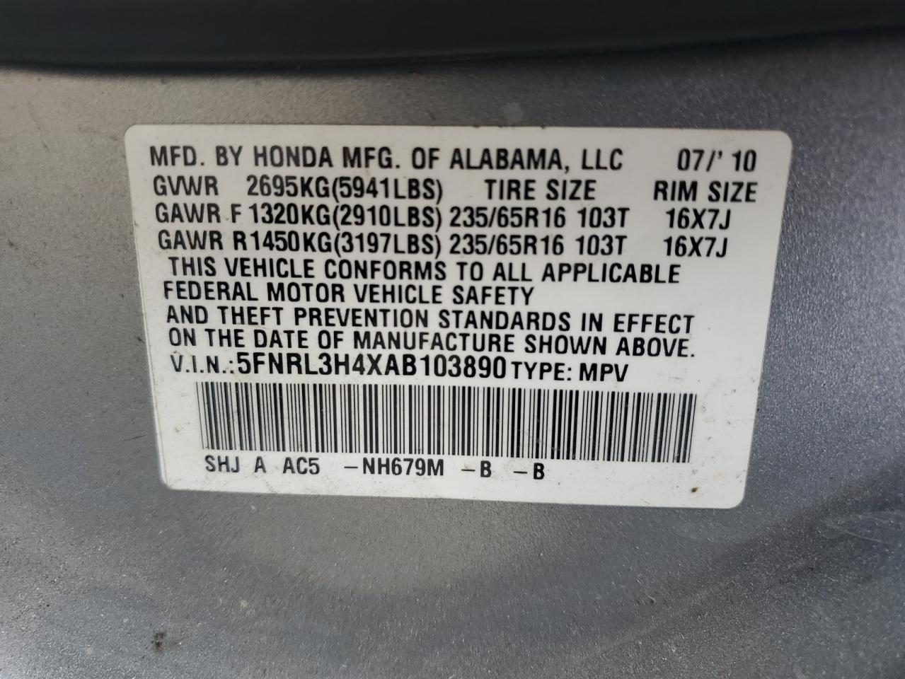 5FNRL3H4XAB103890 2010 Honda Odyssey Ex