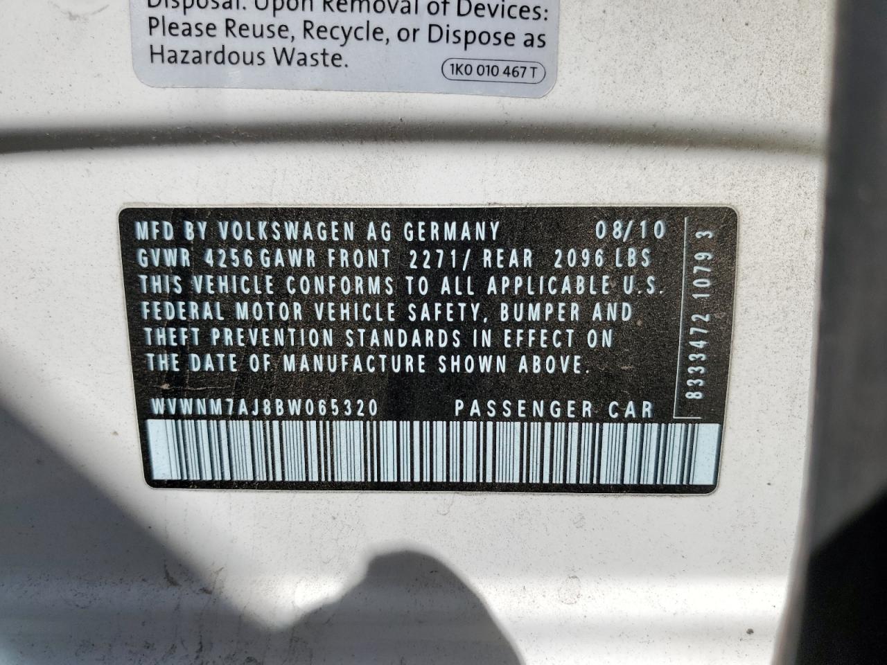 2011 Volkswagen Golf VIN: WVWNM7AJ8BW065320 Lot: 67284674