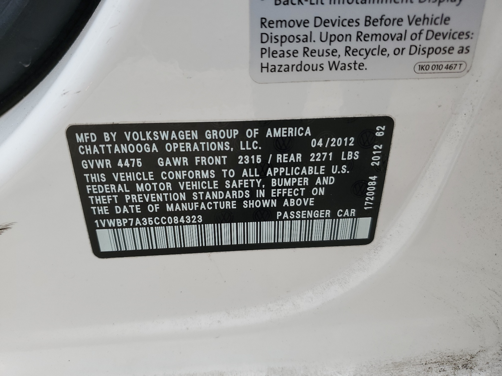 1VWBP7A35CC084323 2012 Volkswagen Passat Se