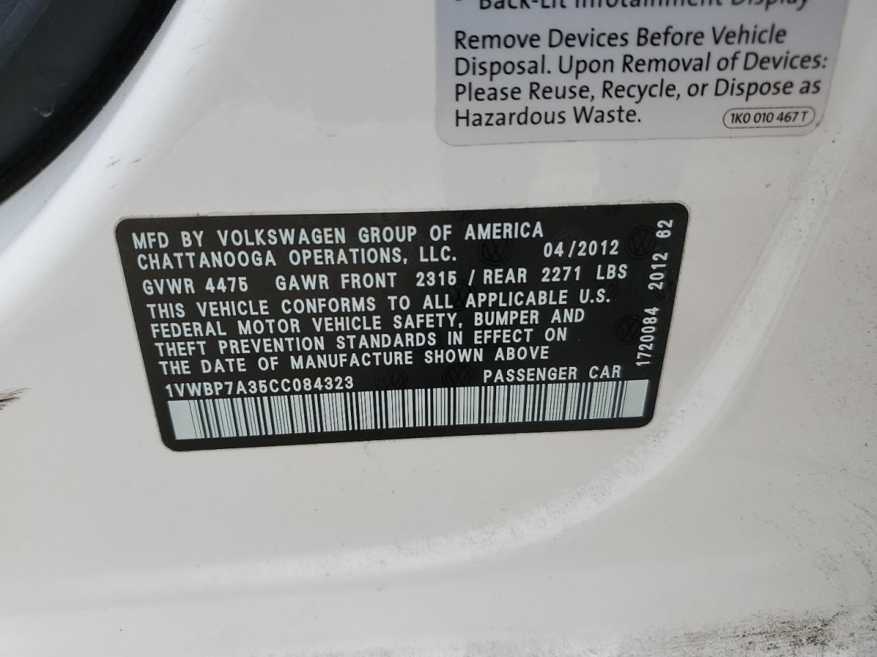 2012 Volkswagen Passat Se VIN: 1VWBP7A35CC084323 Lot: 66249684