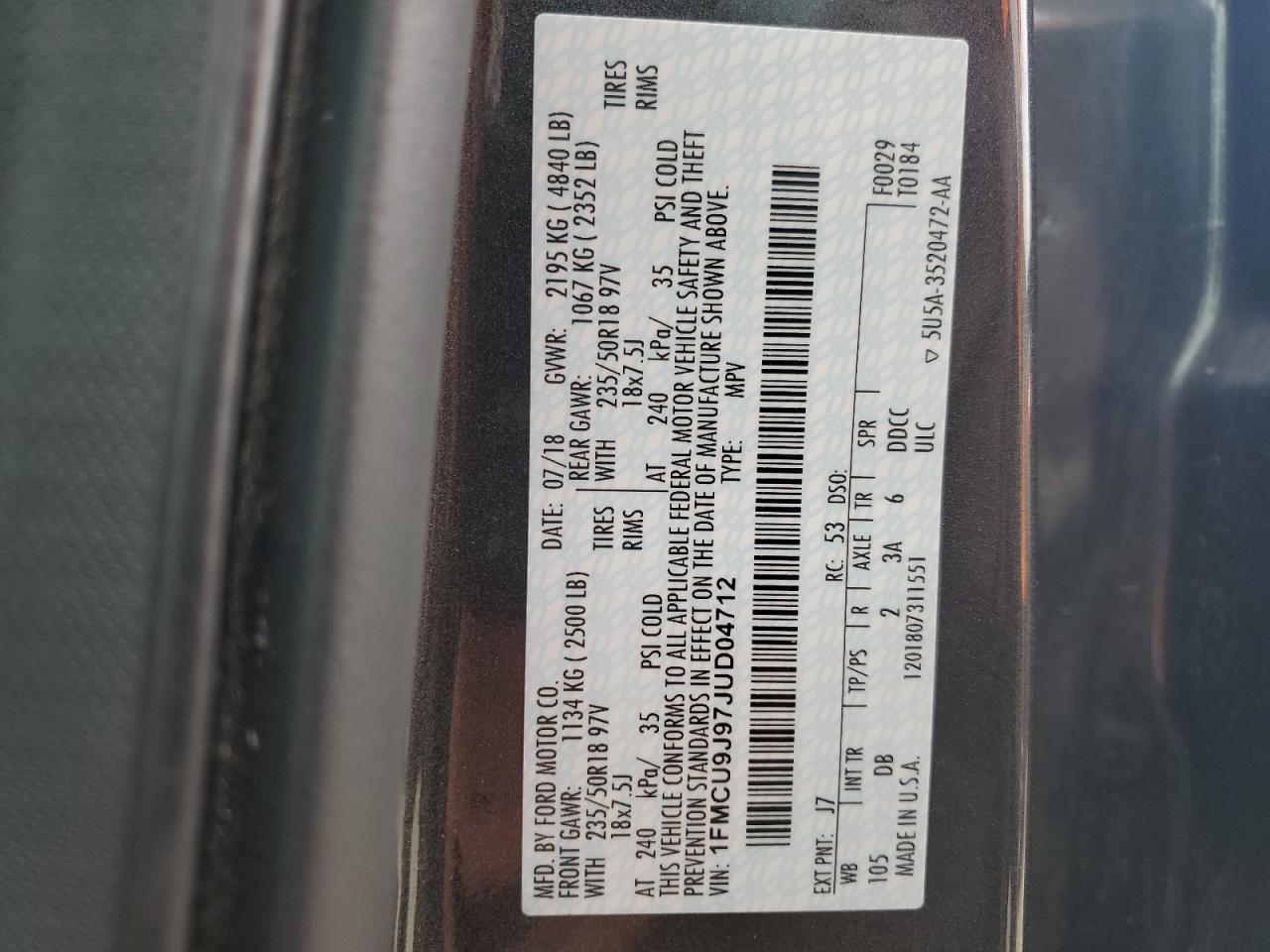 2018 Ford Escape Titanium VIN: 1FMCU9J97JUD04712 Lot: 66953544