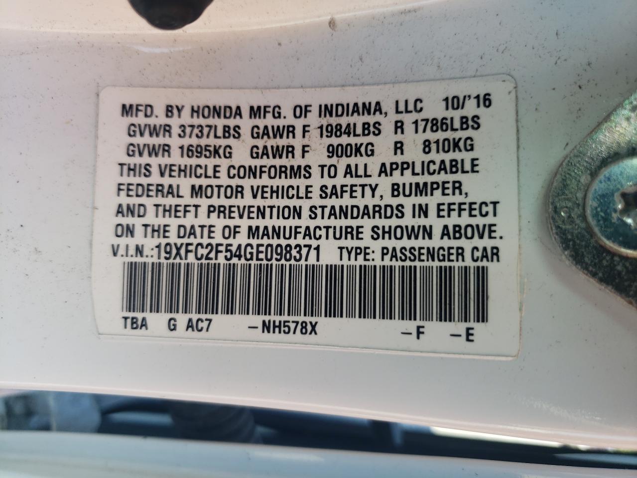 19XFC2F54GE098371 2016 Honda Civic Lx