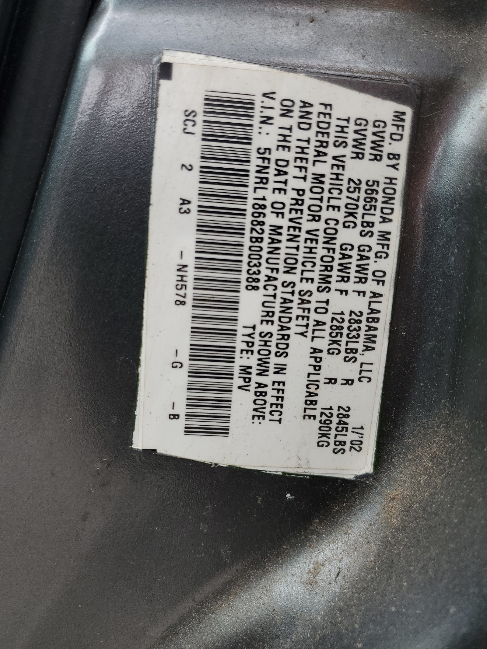 5FNRL18682B003388 2002 Honda Odyssey Ex