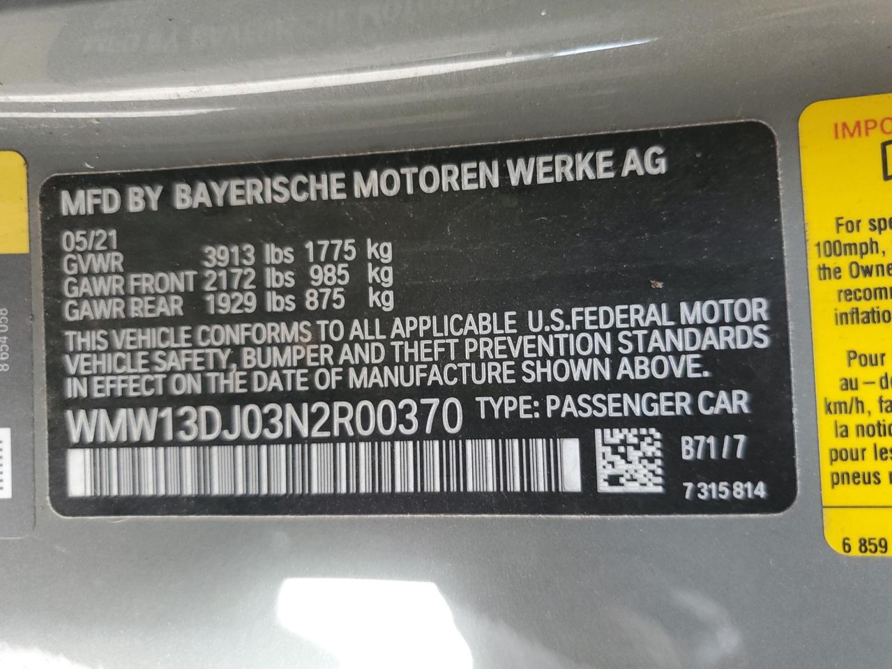 WMW13DJ03N2R00370 2022 Mini Cooper Se