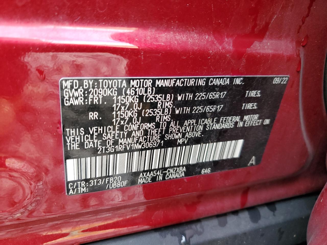 2022 Toyota Rav4 Le VIN: 2T3G1RFV1NW306971 Lot: 65918124