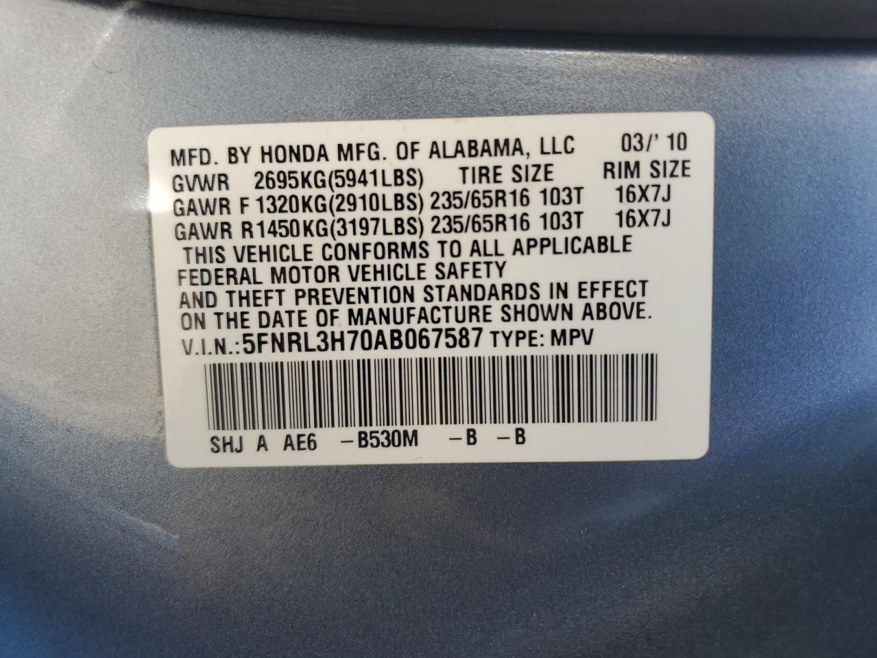 2010 Honda Odyssey Exl VIN: 5FNRL3H70AB067587 Lot: 67836804