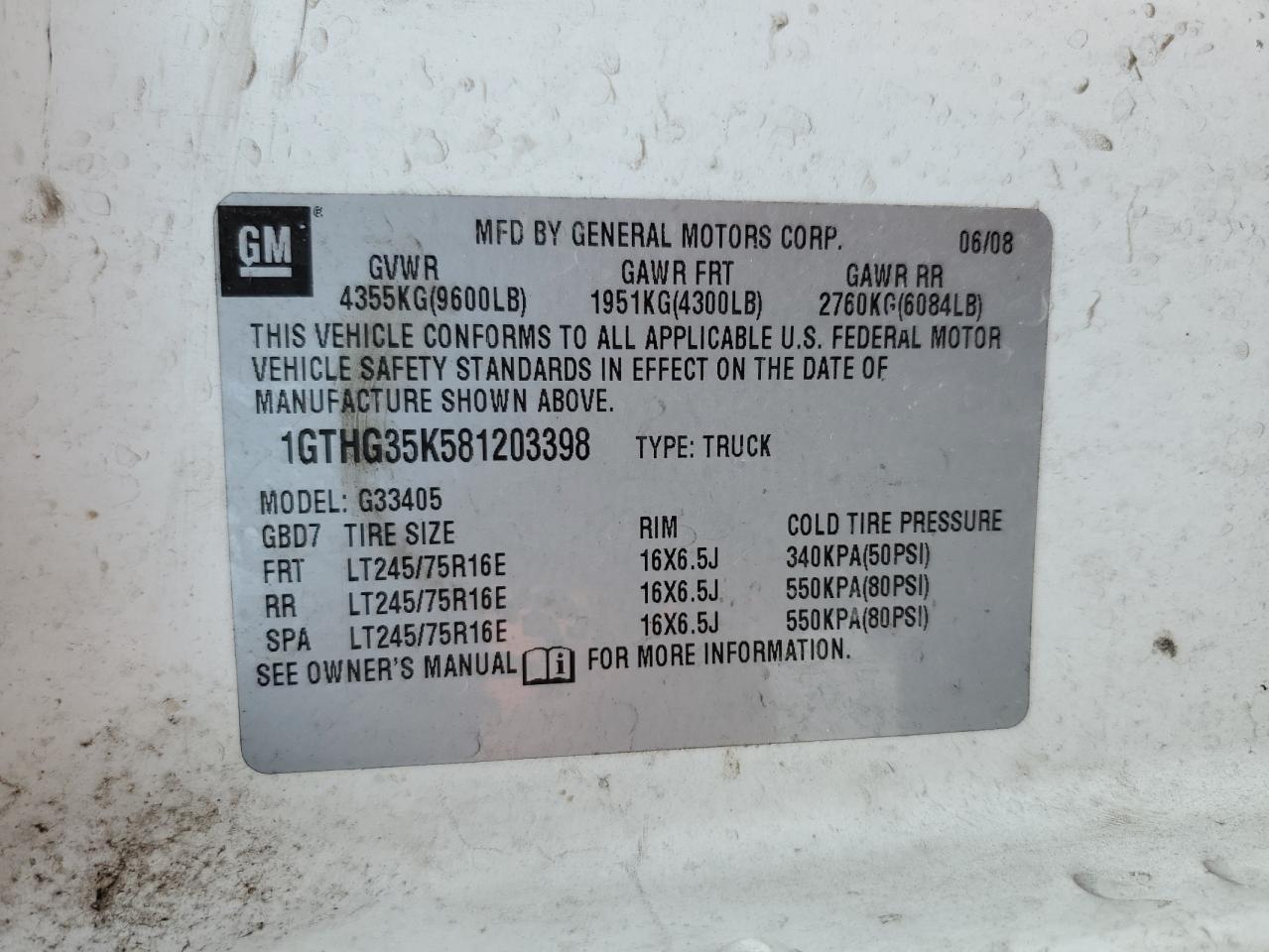 2008 GMC Savana G3500 VIN: 1GTHG35K581203398 Lot: 68498424