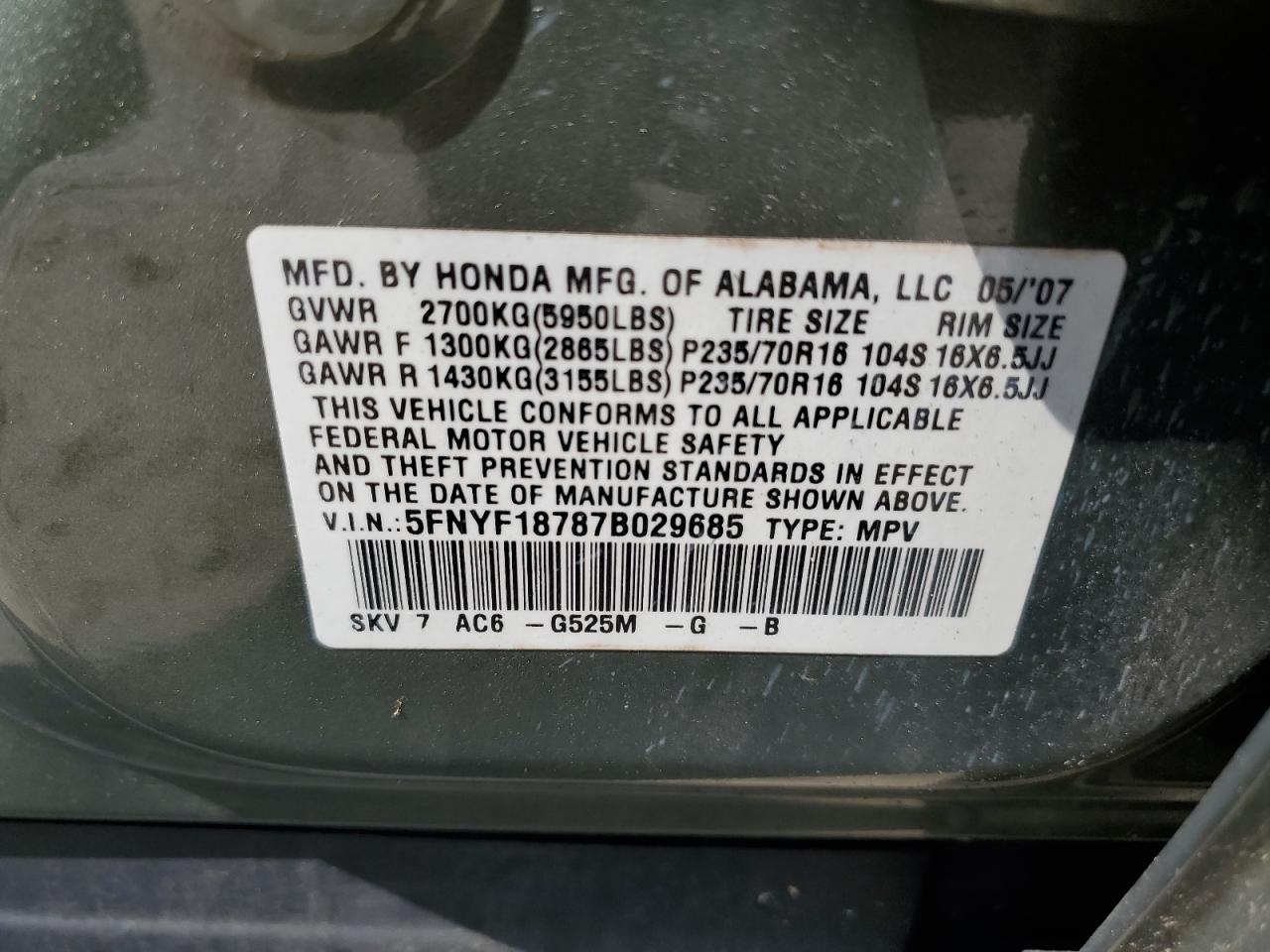 2007 Honda Pilot Exl VIN: 5FNYF18787B029685 Lot: 63951994