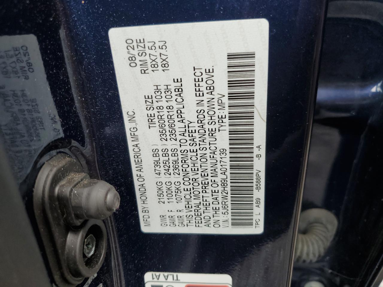 2020 Honda Cr-V Exl VIN: 5J6RW2H89LA017139 Lot: 66015574