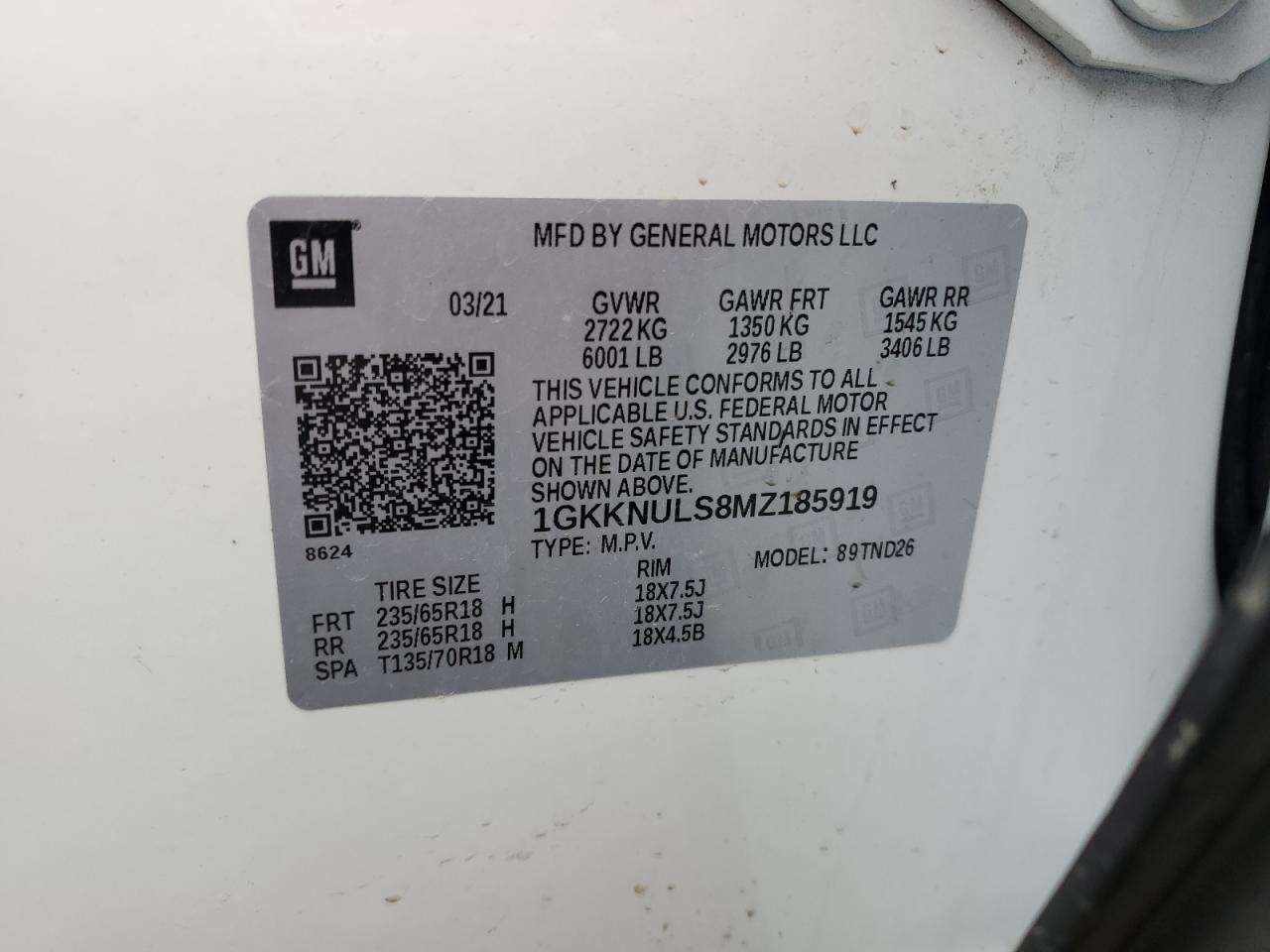 1GKKNULS8MZ185919 2021 GMC Acadia Slt