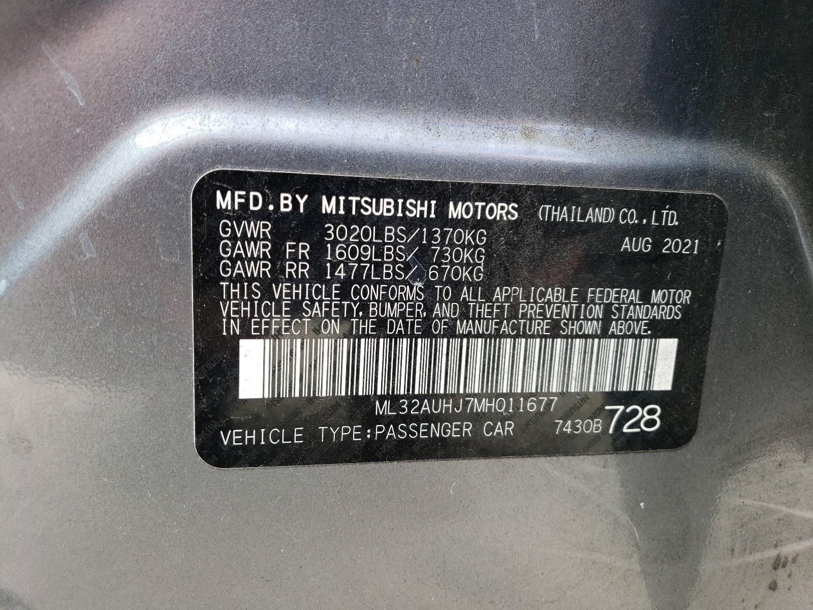 ML32AUHJ7MH011677 2021 Mitsubishi Mirage Es