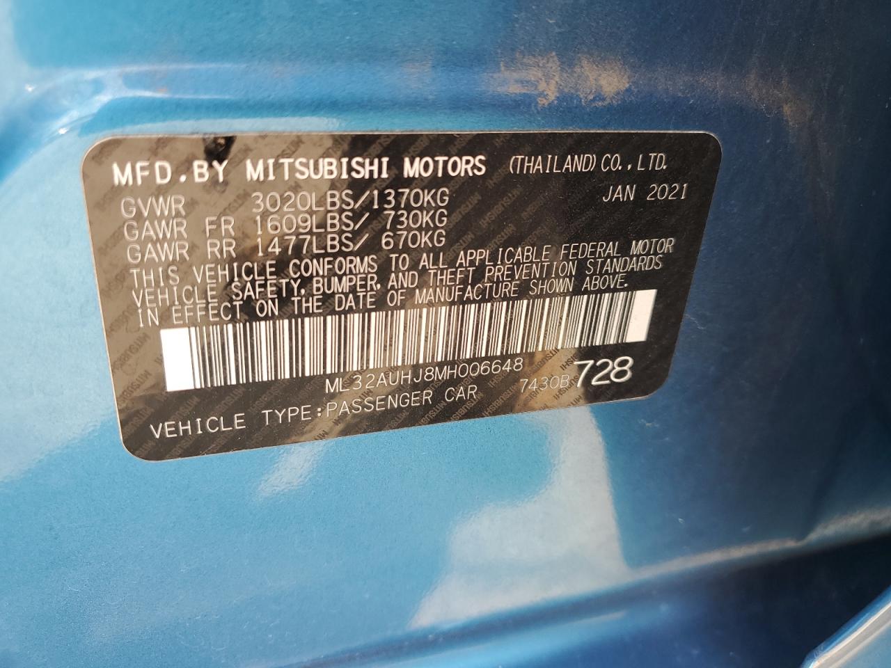 2021 Mitsubishi Mirage Es VIN: ML32AUHJ8MH006648 Lot: 66947994