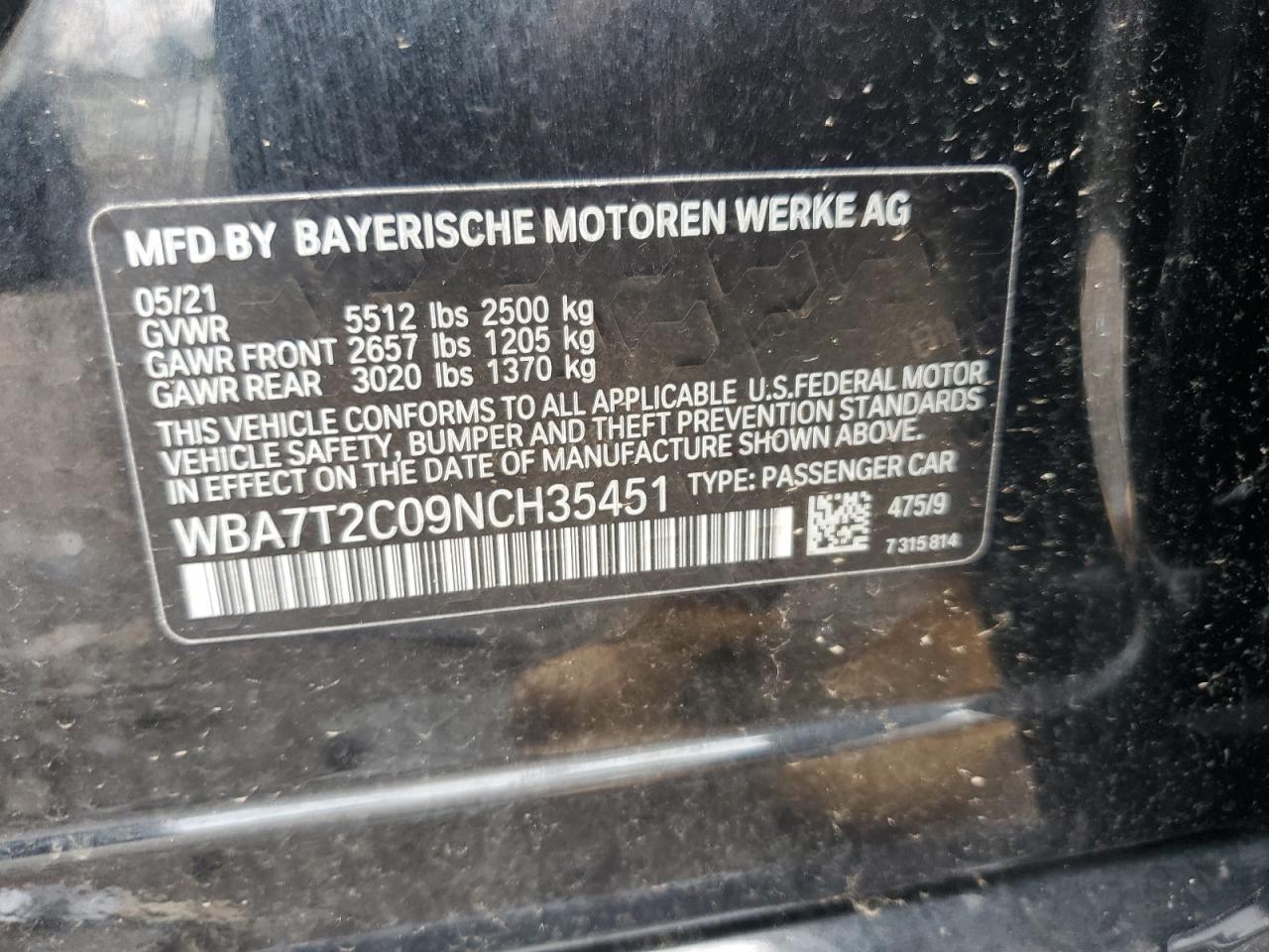 2022 BMW 740 I VIN: WBA7T2C09NCH35451 Lot: 67516794