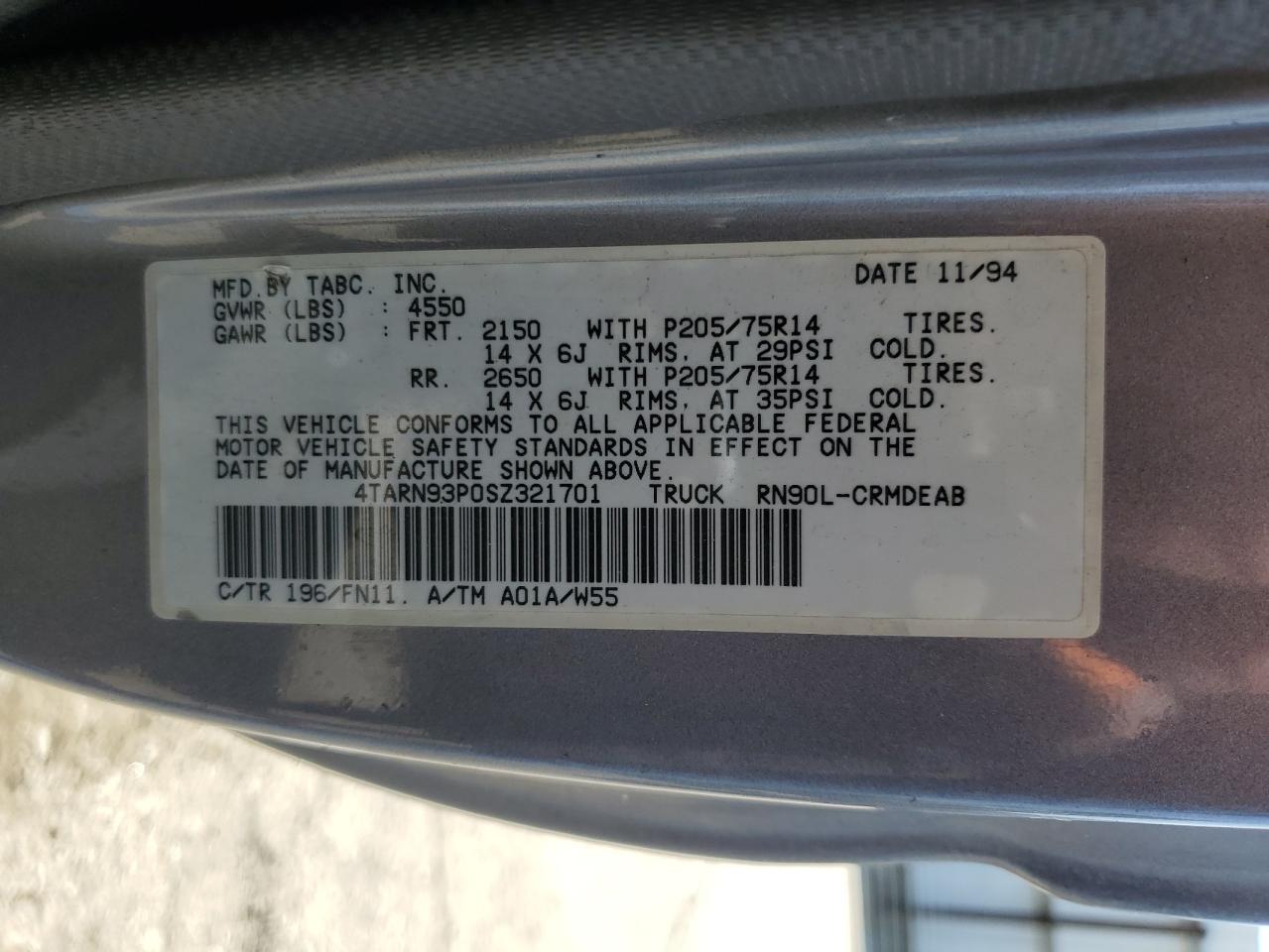 1995 Toyota Pickup 1/2 Ton Extra Long Wheelbase Dx VIN: 4TARN93P0SZ321701 Lot: 66819604